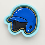 A blue baseball helmet with a black interior and a white circular patch on the side.