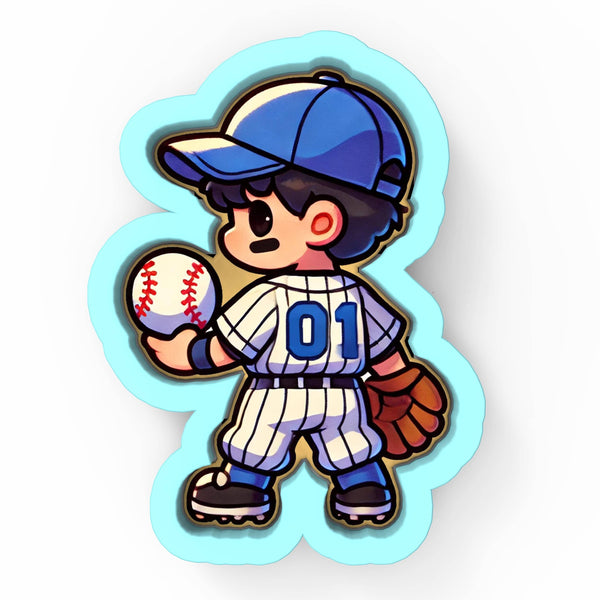 a cartoon baseball player holding a ball and glove