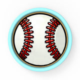 a blue and white clock with a baseball on it