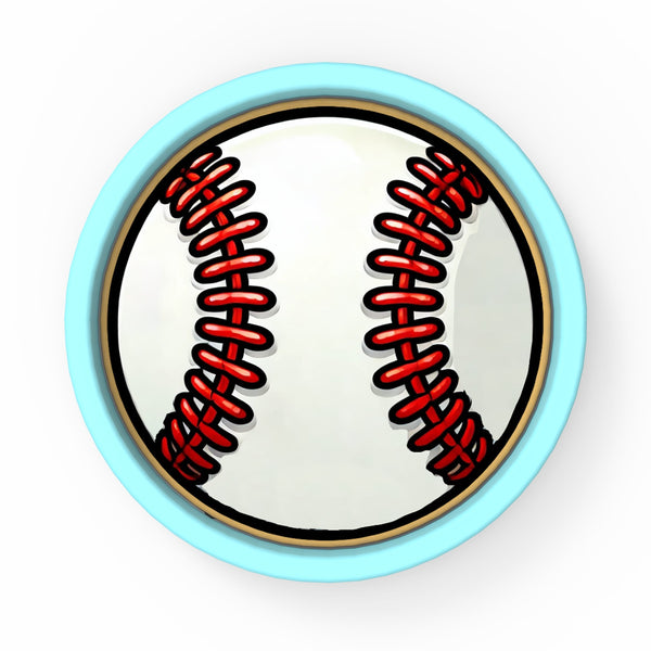 a blue and white clock with a baseball on it