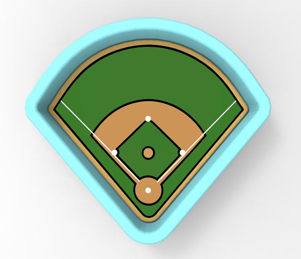 A 3D rendering of a baseball field with a green outfield, brown infield, and white bases.
