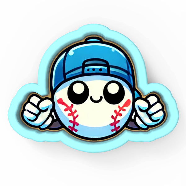 a sticker of a baseball ball with a baseball cap on it