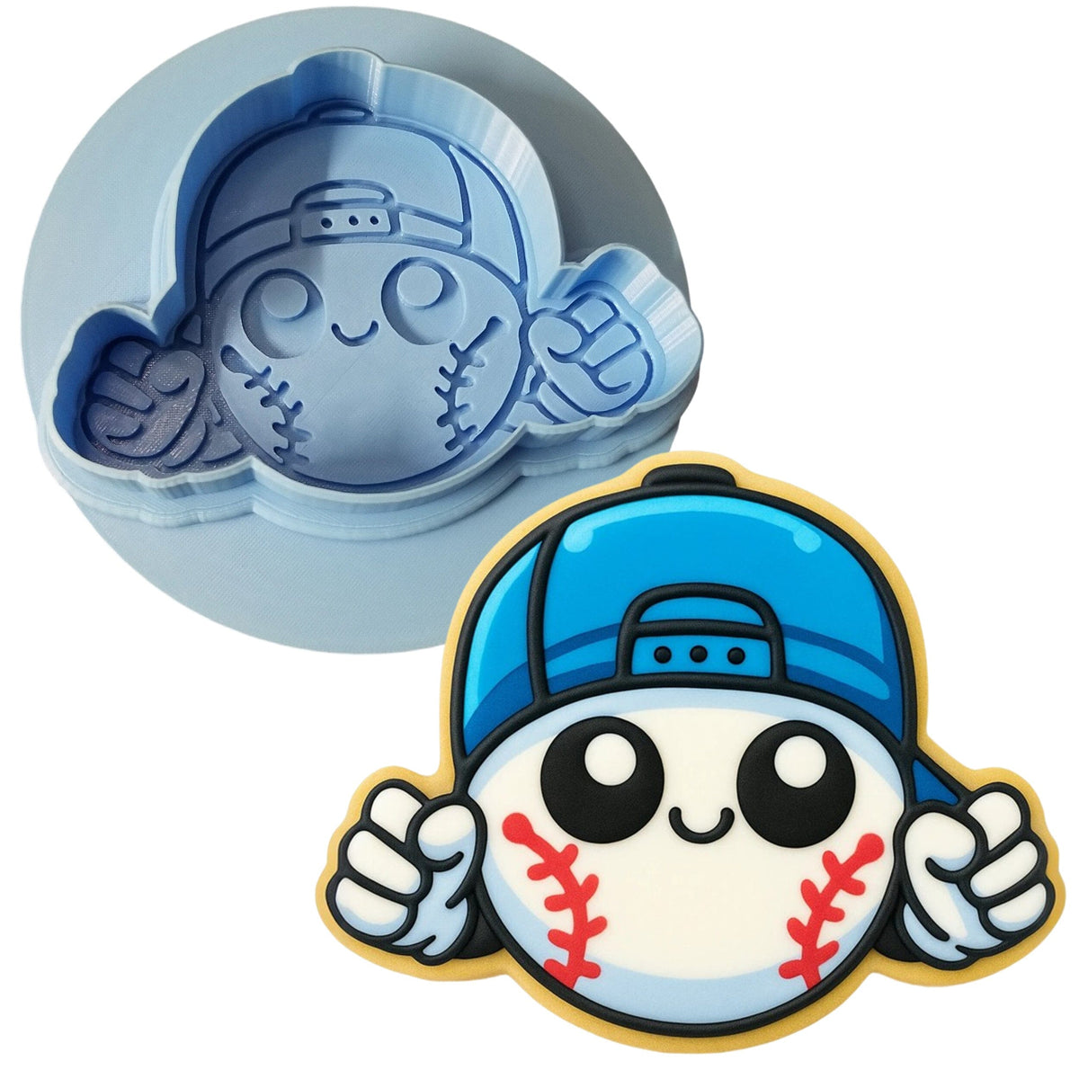 a cookie cutter with a baseball themed cookie