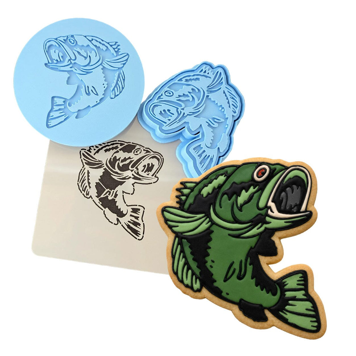 Bass Cookie Cutter | Stamp | Stencil #1 Boys/ Army / Outdoorsman Cookie Cutter Lady MINI - 2 Inches (5cm) **FULL SET BUNDLE** Cutter + Stamp + Stencil + Debosser **BEST DEAL** 