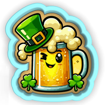 a mug of beer with a green hat on top of it