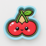A cute, cartoon-style cherry with a smiling face and a leaf on top, set against a light blue background.