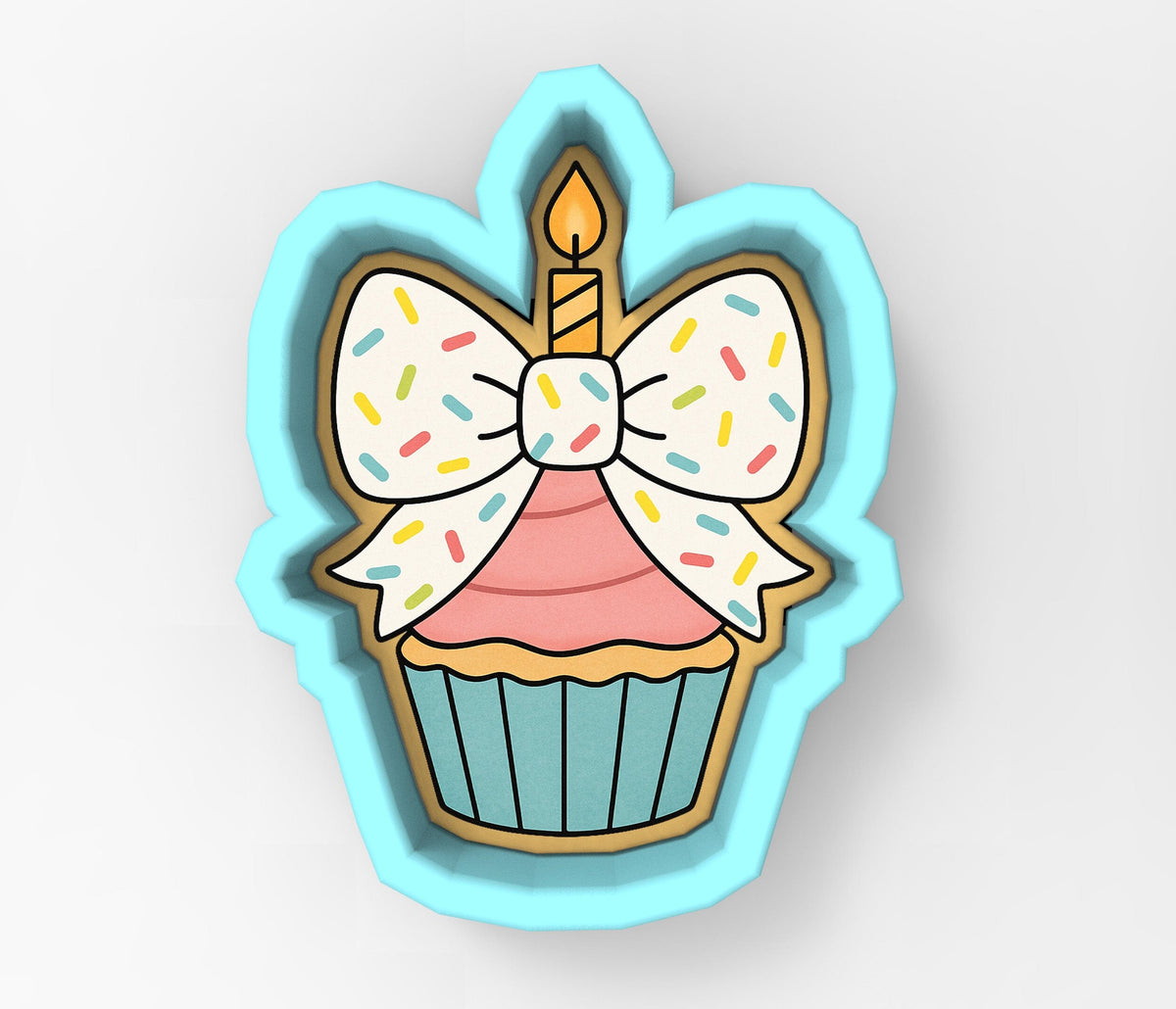 A cookie cutter in the shape of a cupcake with a bow and a candle on top, set against a plain white background.