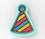 A colorful party hat cookie cutter with a blue pom pom on top.