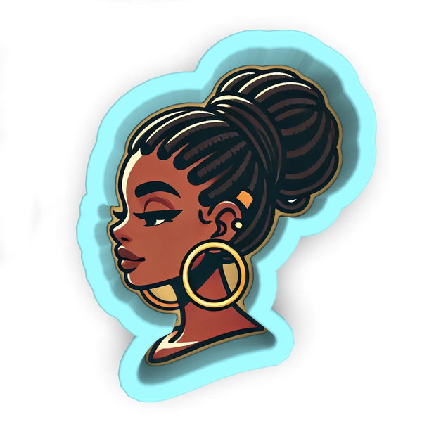 a sticker of a woman's face with a ponytail