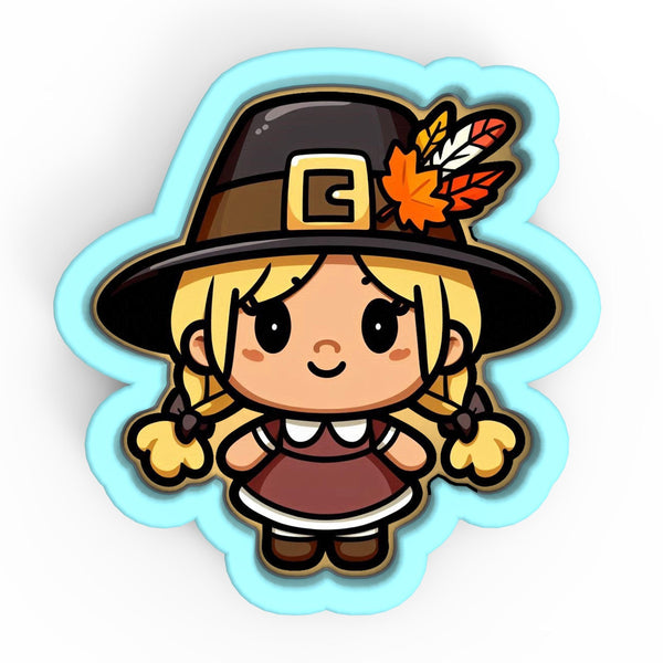 a cute little girl wearing a pilgrim hat