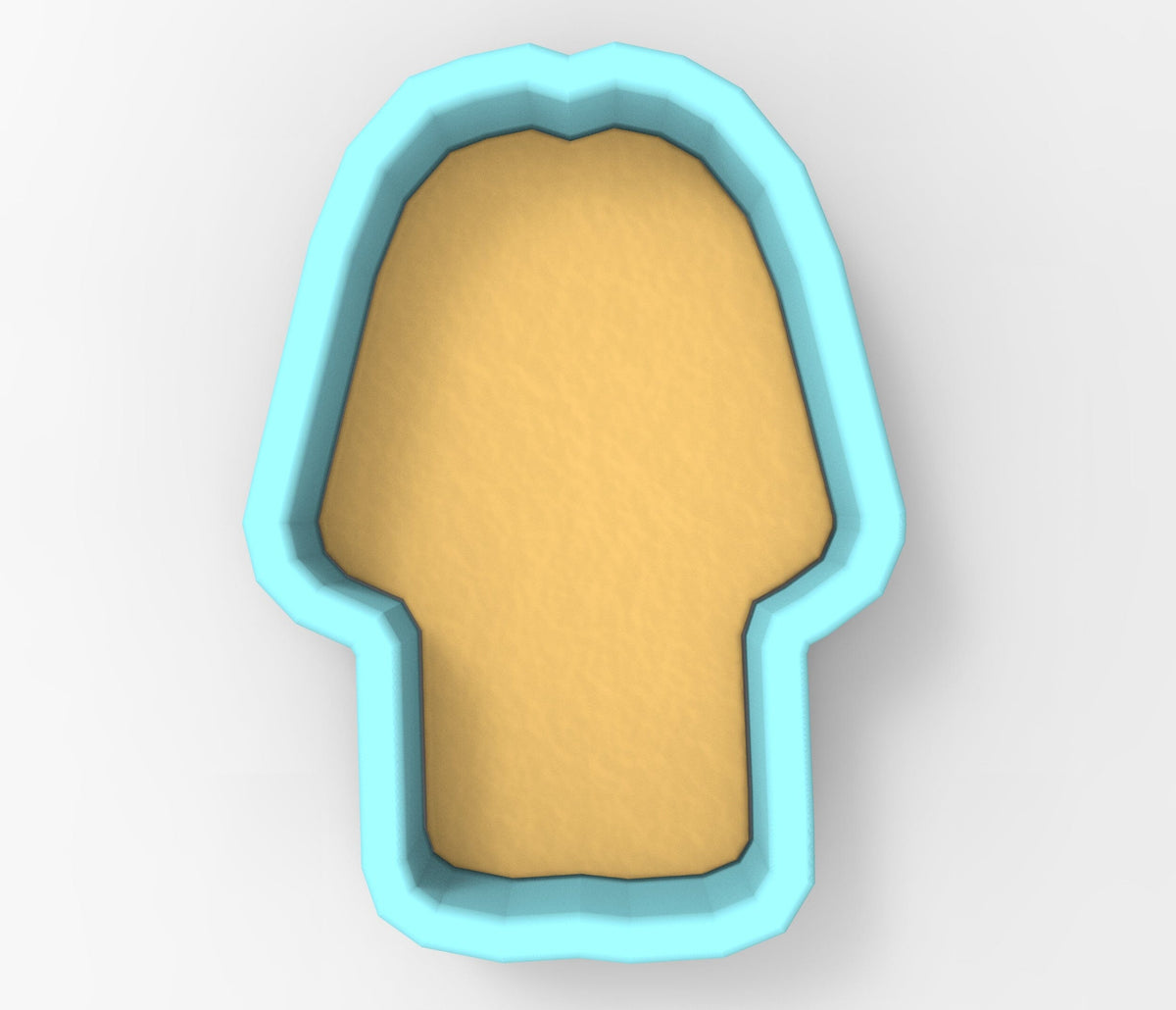 A blue-bordered cookie cutter in the shape of a human head.