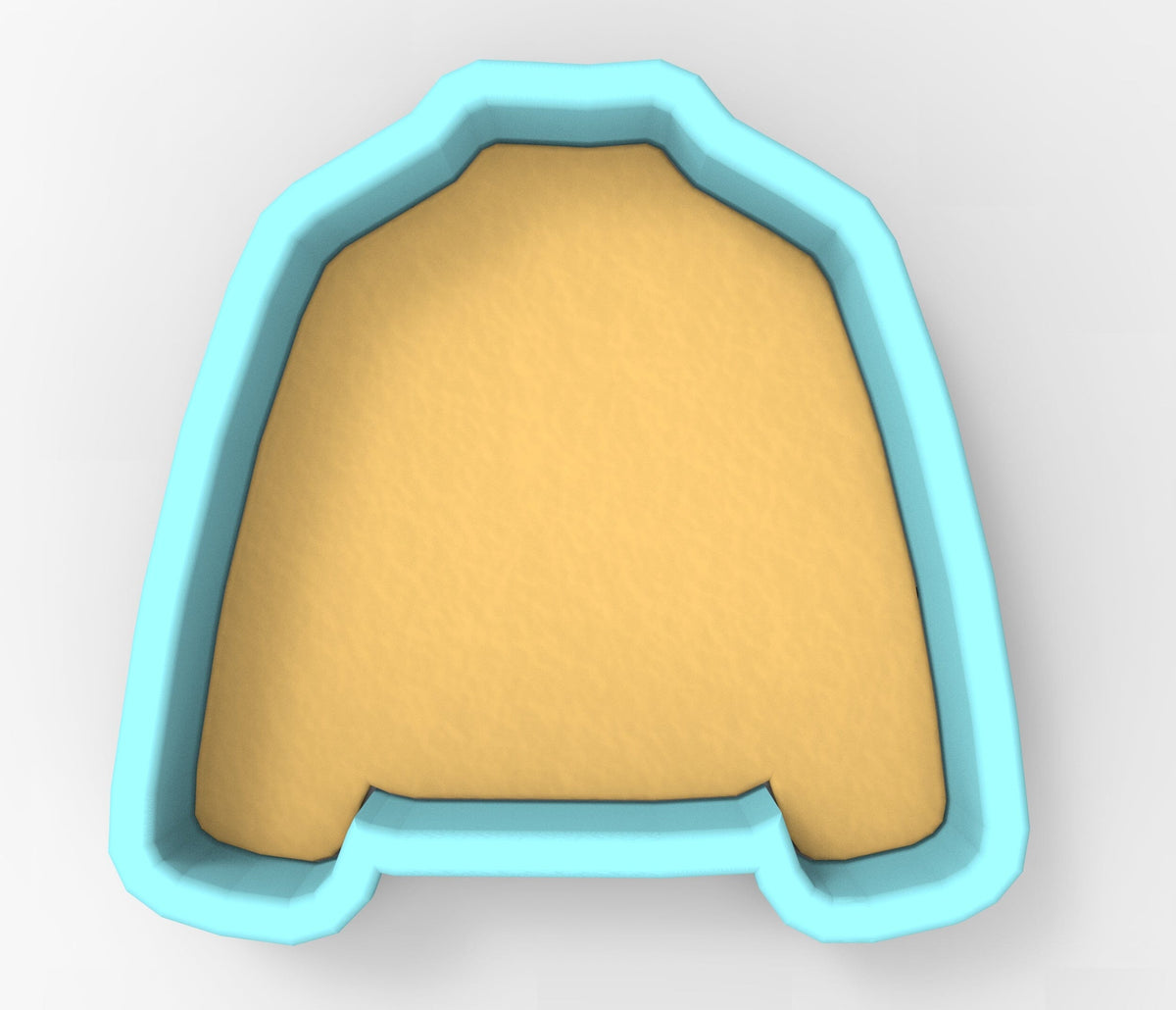 A blue cookie cutter shaped like a sweater.