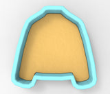 A blue-bordered cookie cutter shaped like a letter "A" made of a light-colored material.