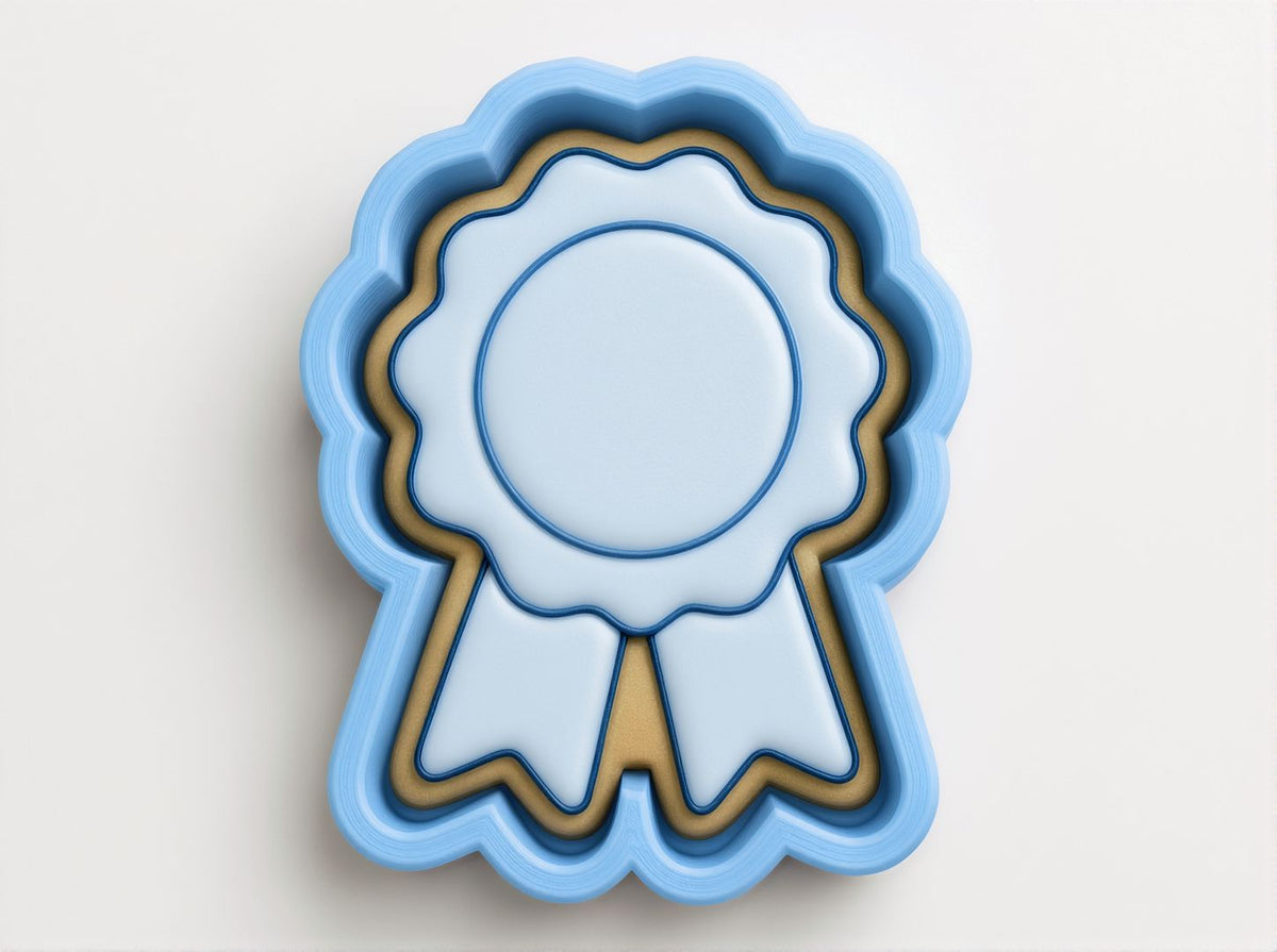 A blue ribbon-shaped cookie cutter with a gold border, designed to cut out cookies shaped like a ribbon.