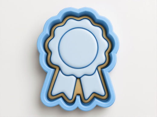 A blue ribbon-shaped cookie cutter with a gold border, designed to cut out cookies shaped like a ribbon.