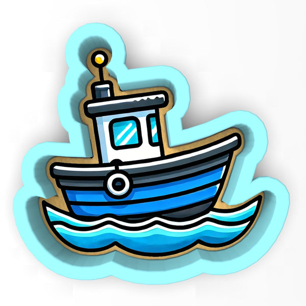 a blue and white boat floating on top of a body of water