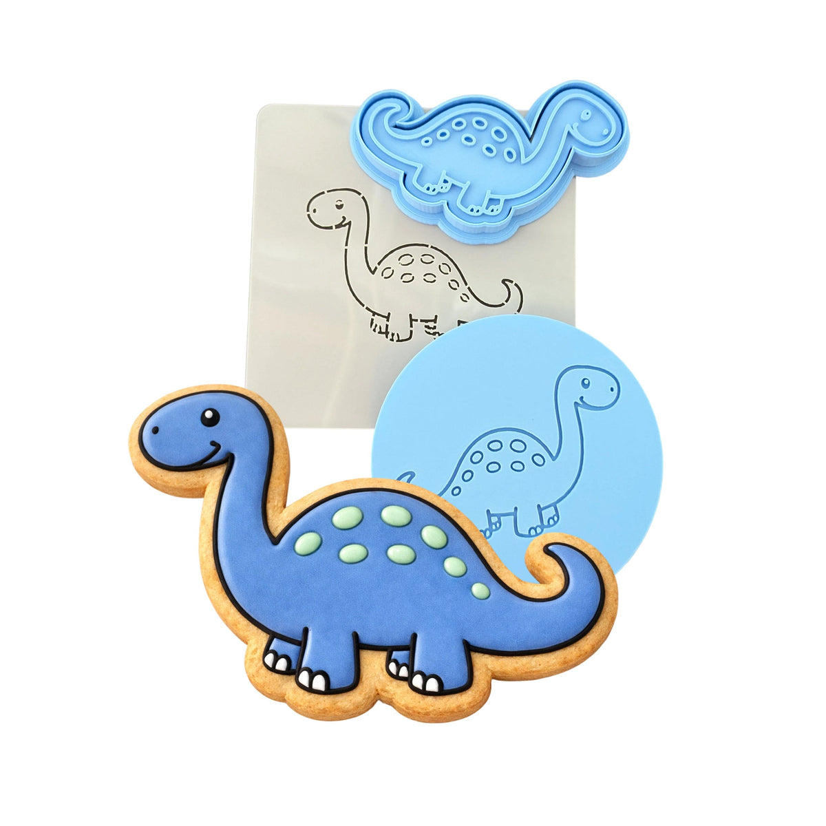 Brontosaurus Dinosaur Cute Cookie Cutter | Stamp | Stencil #1 Animals & Dinosaurs Cookie Cutter Lady MINI - 2 Inches (5cm) **FULL SET BUNDLE** Cutter + Stamp + Stencil + Debosser **BEST DEAL** 