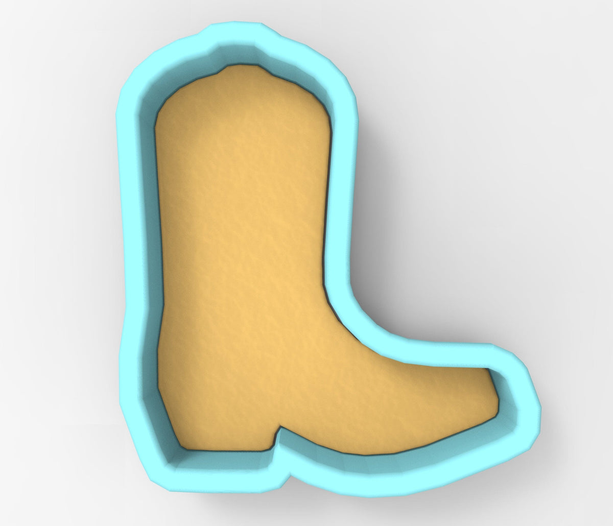 A 3D rendering of a blue boot-shaped cookie cutter.