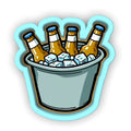 a bucket of beer with ice cubes in it