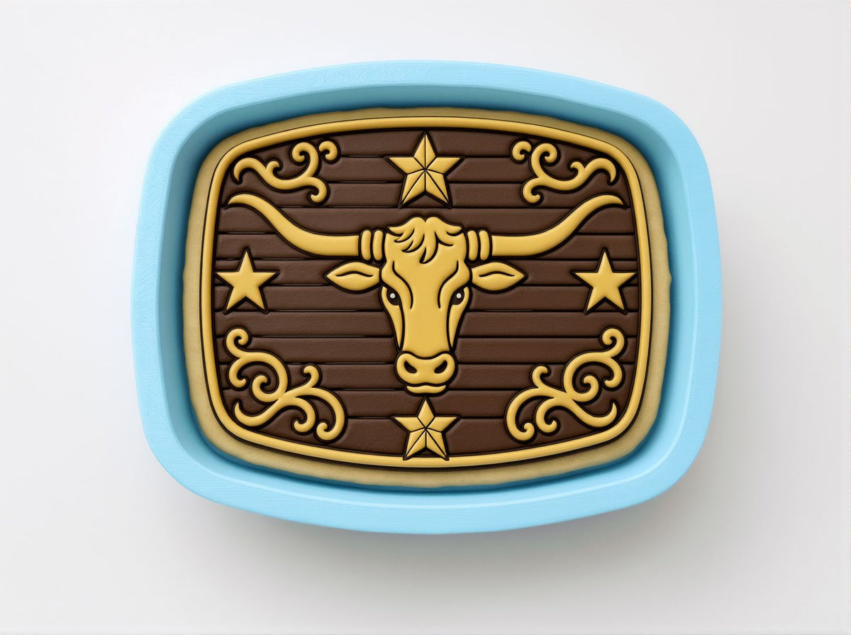 a decorative blue tray with a gold bull's head design on it.