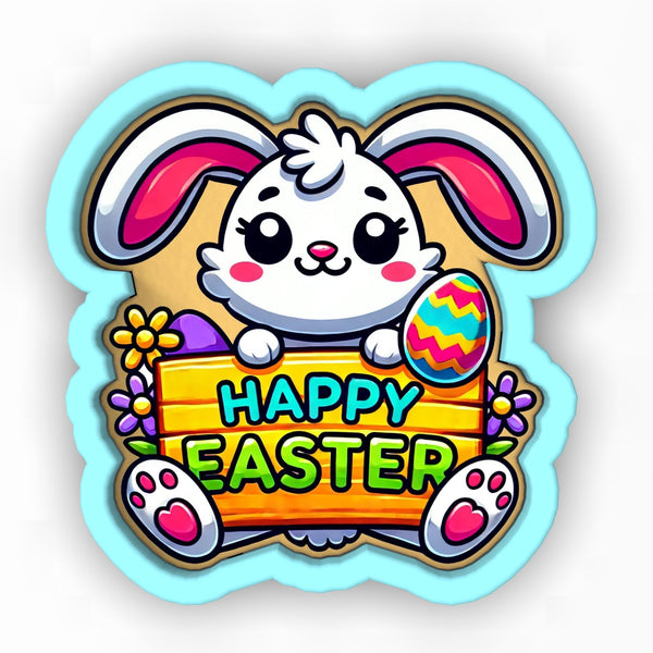 a cartoon bunny holding a sign that says happy easter