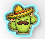 A cartoon cactus wearing a sombrero and mustache, with a blue outline.