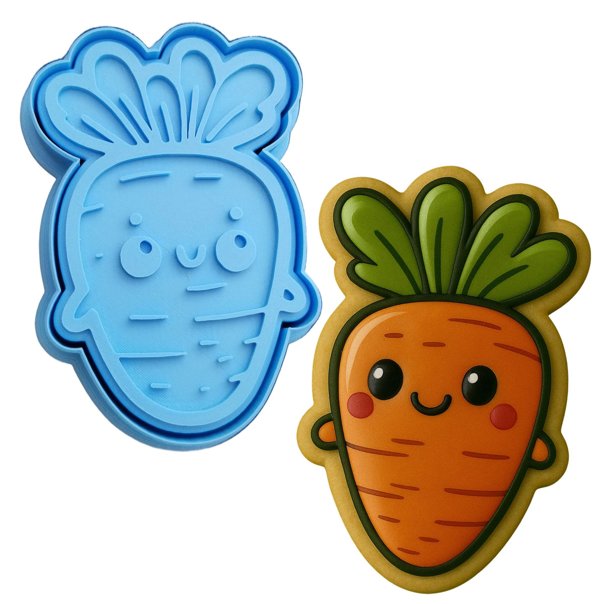 a cookie cutter and a cookie sheet shaped like a carrot