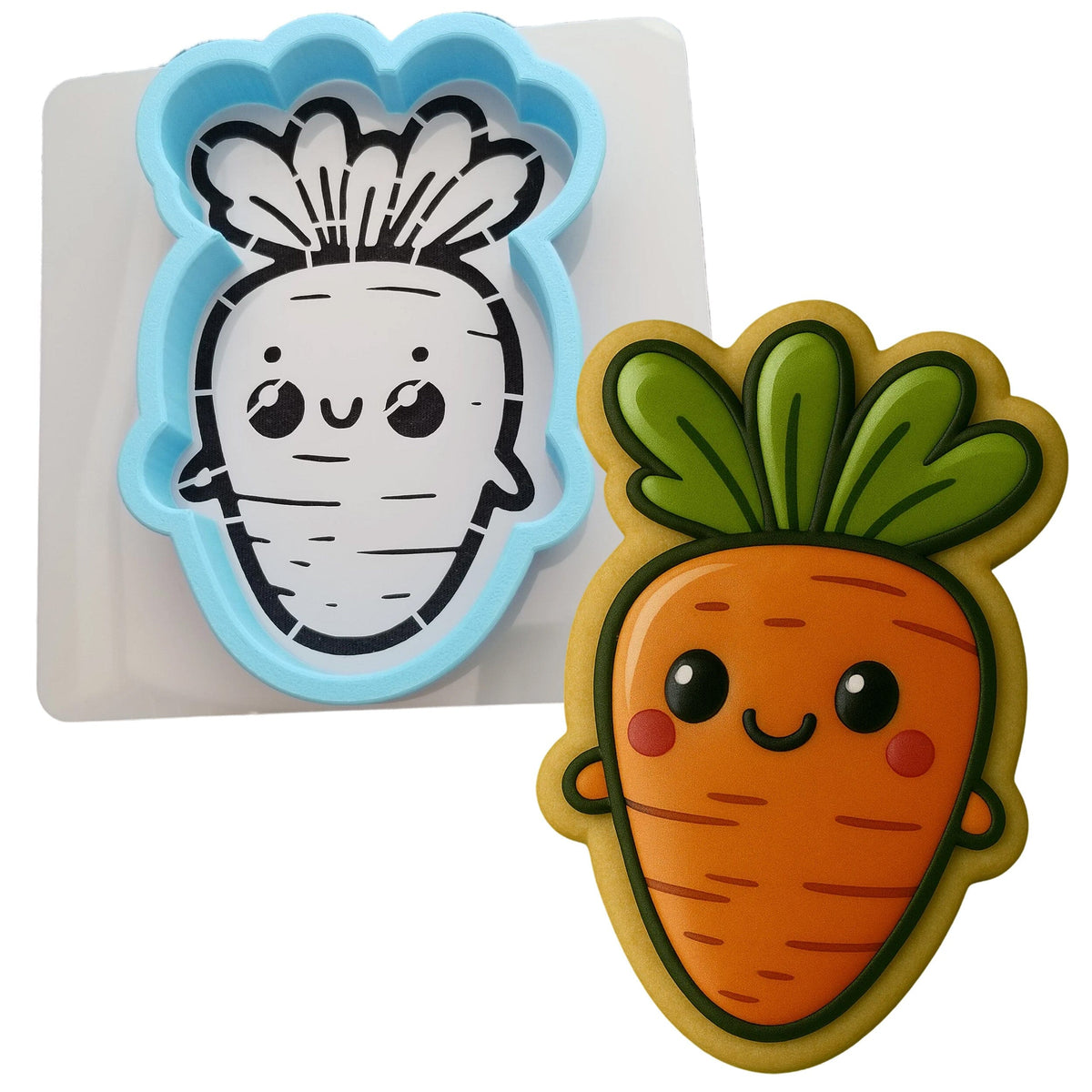 a cookie cutter with a picture of a cartoon carrot and a cookie cutter with a
