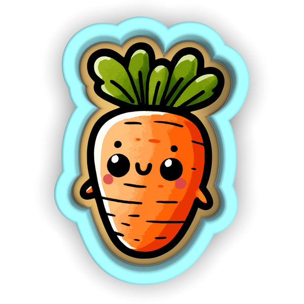 a sticker with a cartoon carrot on it