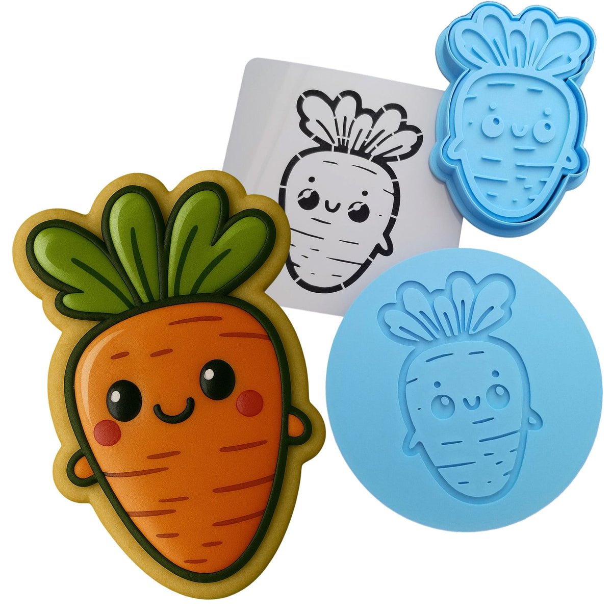 a cookie cutter and a cookie cutter with a picture of a carrot and a carrot