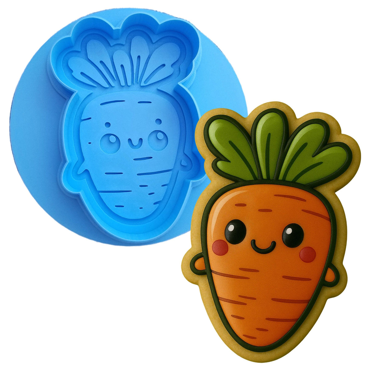 a cookie cutter next to a cookie shaped like a carrot