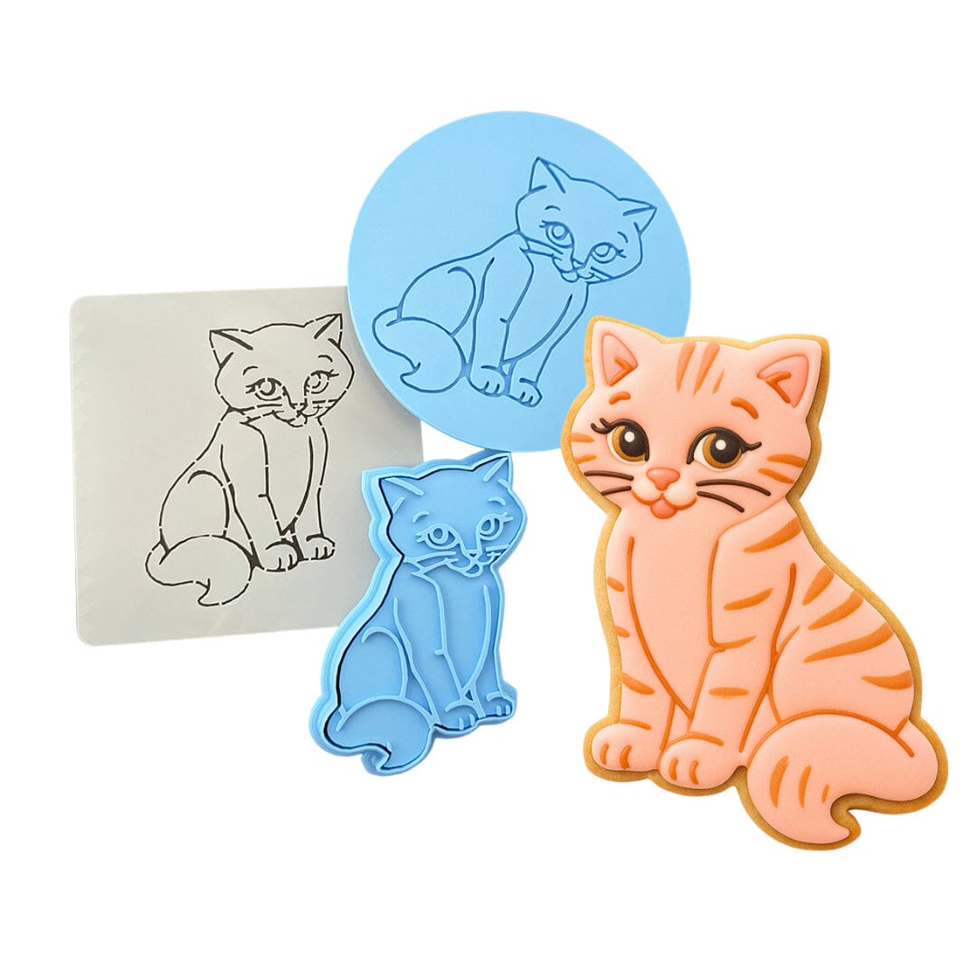 Cat Cookie Cutter Detailed Dogs & Cats Cookie Cutter Lady MINI - 2 Inches (5cm) **FULL SET BUNDLE** Cutter + Stamp + Stencil + Debosser **BEST DEAL** 