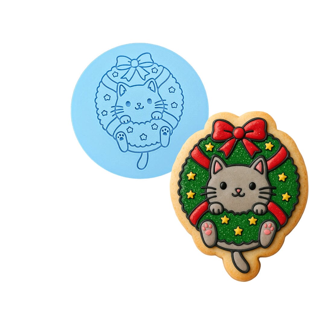 Cat in Christmas Wreath Cookie Cutter | Stamp | Stencil Xmas / Winter / NYE Cookie Cutter Lady MINI - 2 Inches (5cm) Debosser ONLY 