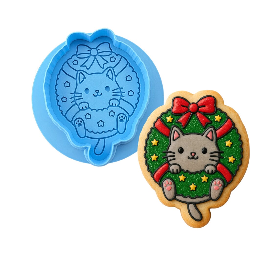Cat in Christmas Wreath Cookie Cutter | Stamp | Stencil Xmas / Winter / NYE Cookie Cutter Lady MINI - 2 Inches (5cm) **BUNDLE** Cutter + Debosser 