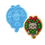 Cat in Christmas Wreath Cookie Cutter | Stamp | Stencil Xmas / Winter / NYE Cookie Cutter Lady MINI - 2 Inches (5cm) Stamp ONLY 