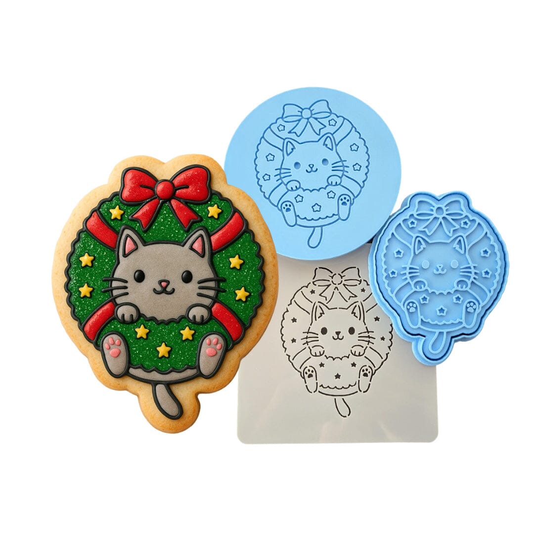 Cat in Christmas Wreath Cookie Cutter | Stamp | Stencil Xmas / Winter / NYE Cookie Cutter Lady MINI - 2 Inches (5cm) **FULL SET BUNDLE** Cutter + Stamp + Stencil + Debosser **BEST DEAL** 