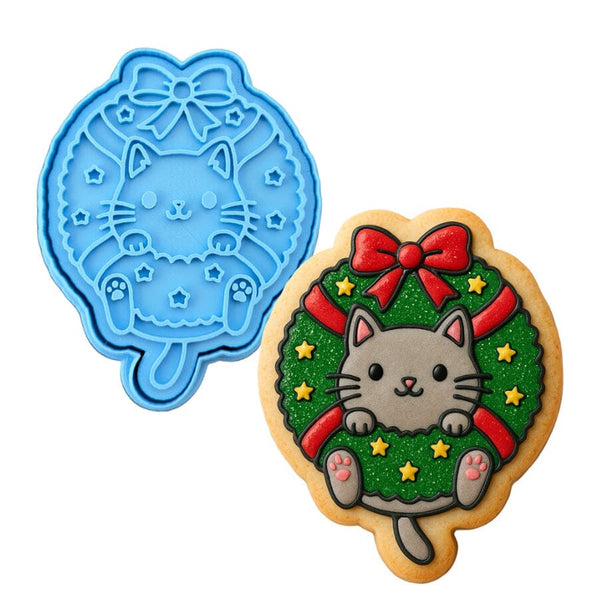 Cat in Christmas Wreath Cookie Cutter | Stamp | Stencil Xmas / Winter / NYE Cookie Cutter Lady MINI - 2 Inches (5cm) **BUNDLE** Cutter + Stamp 