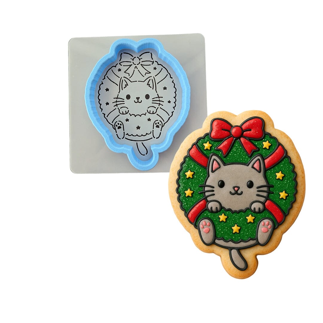 Cat in Christmas Wreath Cookie Cutter | Stamp | Stencil Xmas / Winter / NYE Cookie Cutter Lady MINI - 2 Inches (5cm) **BUNDLE** Cutter + Stencil 