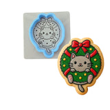 Cat in Christmas Wreath Cookie Cutter | Stamp | Stencil Xmas / Winter / NYE Cookie Cutter Lady MINI - 2 Inches (5cm) **BUNDLE** Cutter + Stencil 