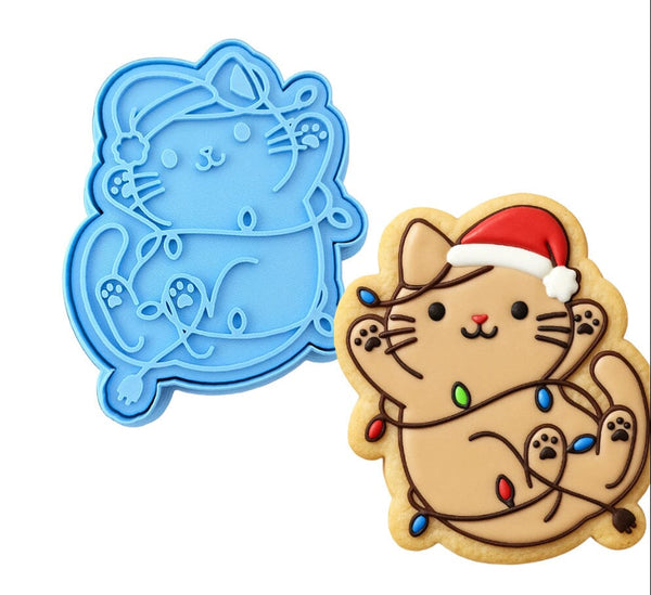 Cat Stuck in Christmas Lights Cookie Cutter | Stamp | Stencil Xmas / Winter / NYE Cookie Cutter Lady MINI - 2 Inches (5cm) **BUNDLE** Cutter + Stamp 
