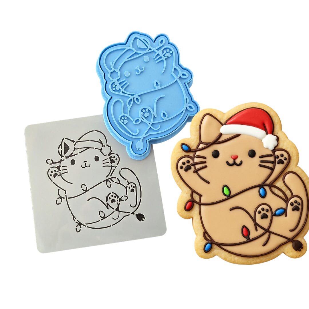 Cat Stuck in Christmas Lights Cookie Cutter | Stamp | Stencil Xmas / Winter / NYE Cookie Cutter Lady 