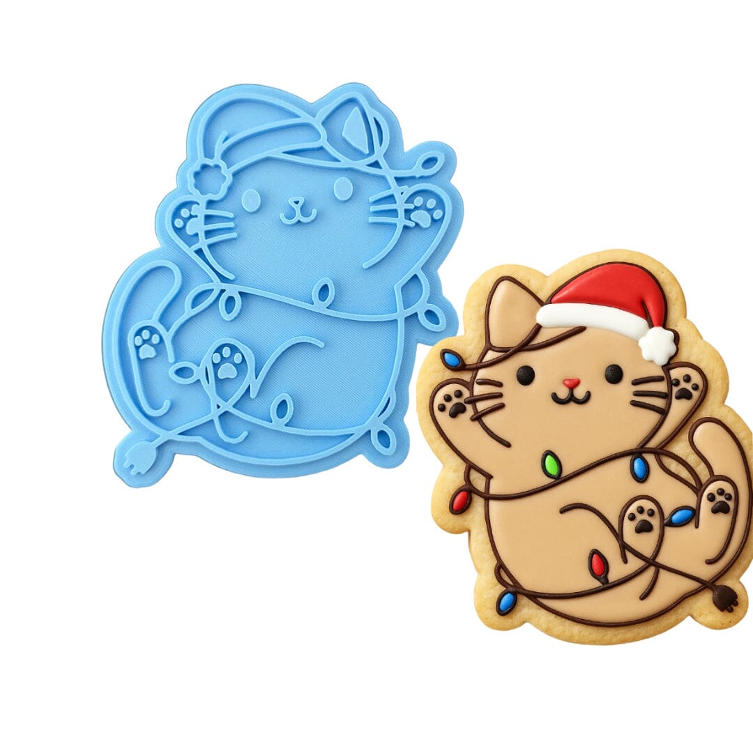 Cat Stuck in Christmas Lights Cookie Cutter | Stamp | Stencil Xmas / Winter / NYE Cookie Cutter Lady MINI - 2 Inches (5cm) Stamp ONLY 