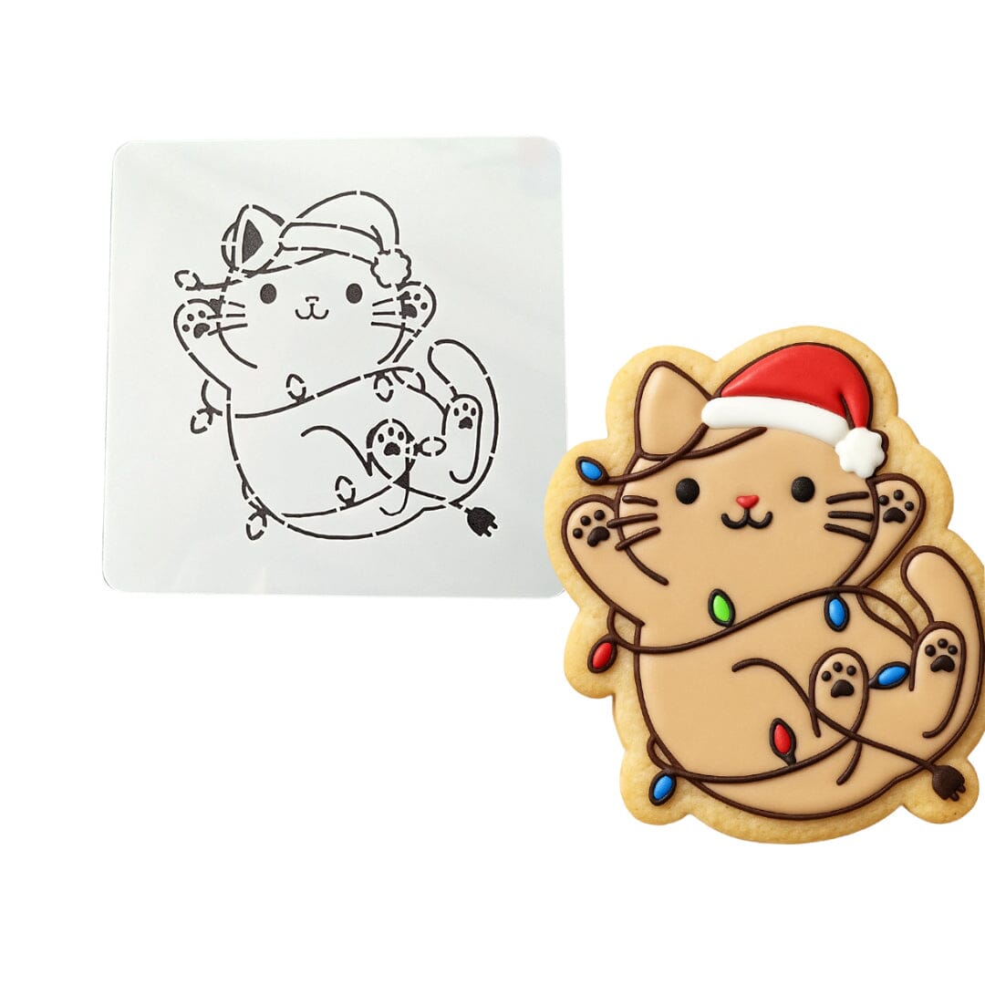 Cat Stuck in Christmas Lights Cookie Cutter | Stamp | Stencil Xmas / Winter / NYE Cookie Cutter Lady MINI - 2 Inches (5cm) Stencil ONLY 