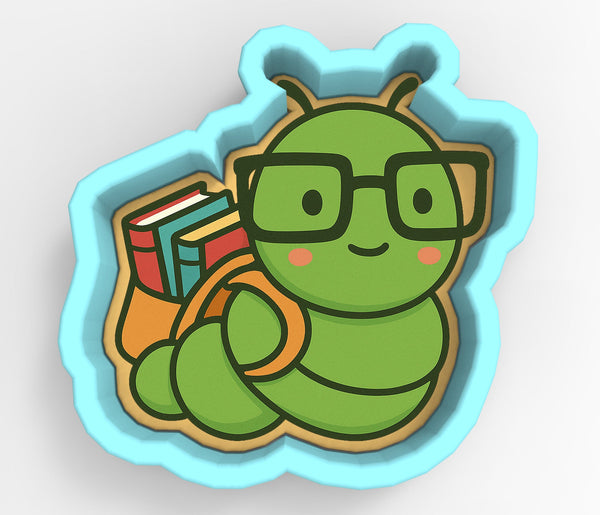 A green caterpillar wearing glasses and carrying a backpack full of books.