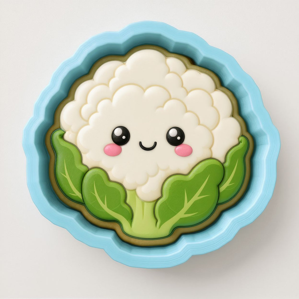 A cheerful cartoon cauliflower with a smiling face, surrounded by green leaves, is depicted in a blue bowl.