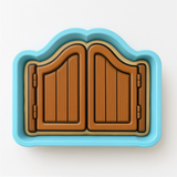 A wooden door with a curved top and bottom, set within a blue frame.