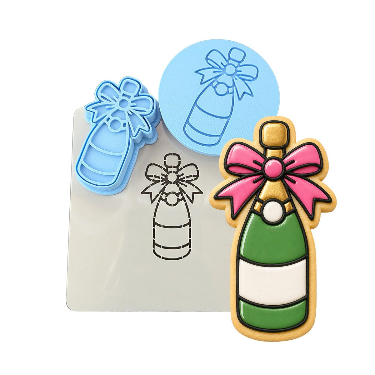 Champagne Bottle with Bow Cookie Cutter | Stamp | Stencil - SHARP EDGES - FAST Shipping - Choose Your Own Size! #1 Cookie Cutter Lady LITTLE - 3 Inches (7.62cm) **FULL SET BUNDLE** Cutter + Stamp + Stencil + Debosser **BEST DEAL** 