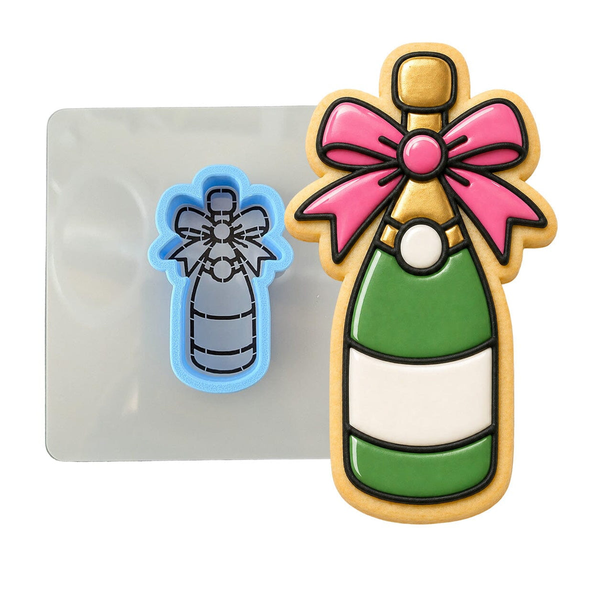 Champagne Bottle with Bow Cookie Cutter | Stamp | Stencil - SHARP EDGES - FAST Shipping - Choose Your Own Size! #1 Cookie Cutter Lady LITTLE - 3 Inches (7.62cm) **BUNDLE** Cutter + Stencil 