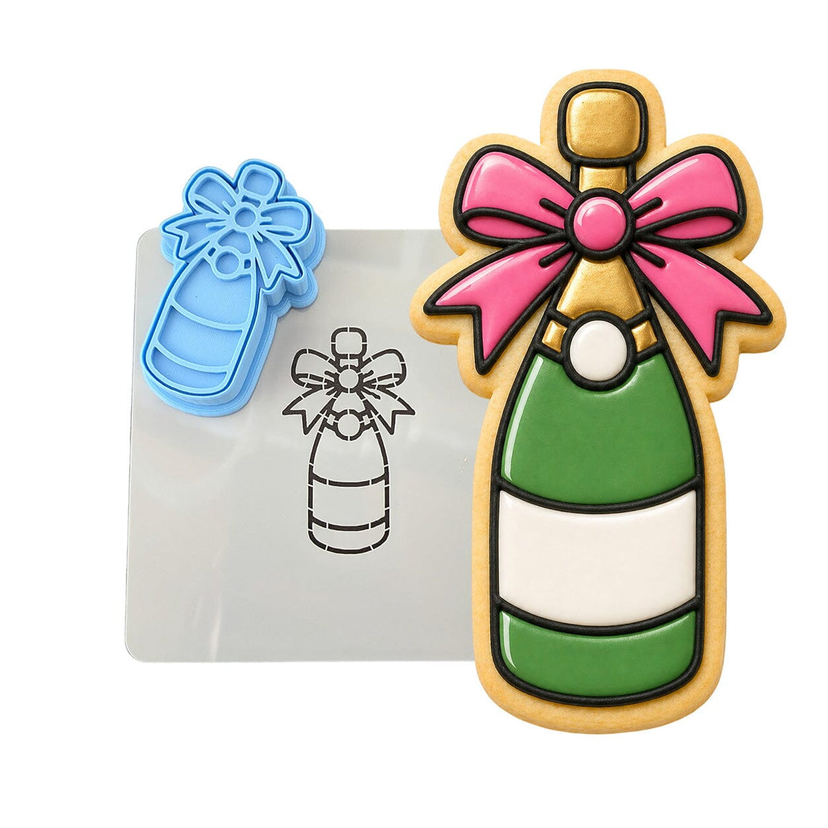 Champagne Bottle with Bow Cookie Cutter | Stamp | Stencil - SHARP EDGES - FAST Shipping - Choose Your Own Size! #1 Cookie Cutter Lady LITTLE - 3 Inches (7.62cm) **BUNDLE** Cutter + Stamp + Stencil 