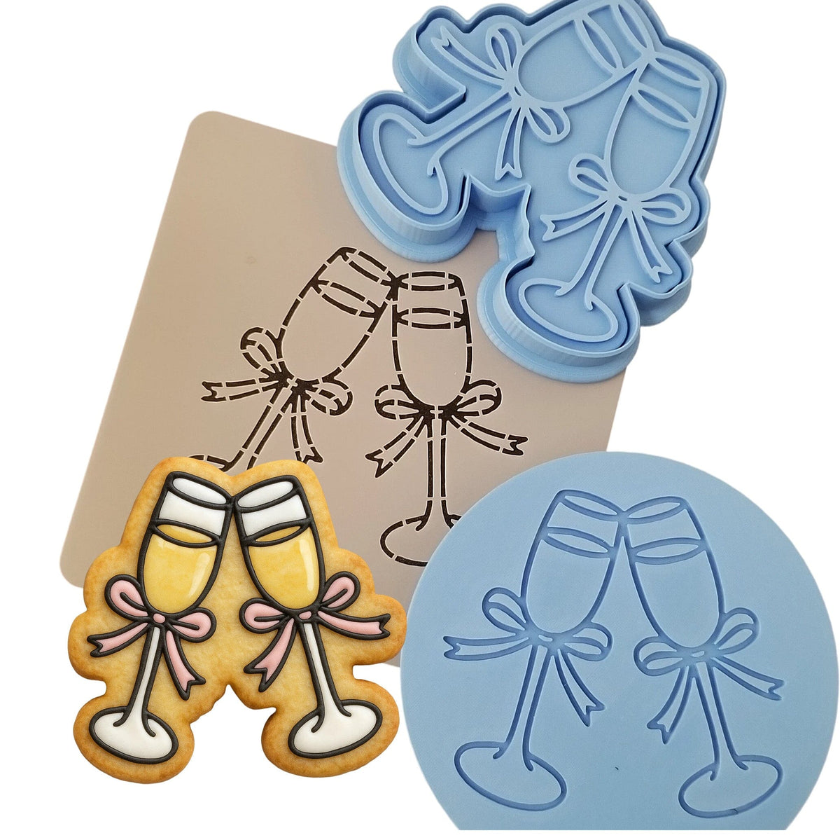 Champagne Glass Cheers Cookie Cutter | Stamp | Stencil - SHARP EDGES - FAST Shipping - Choose Your Own Size! #2 Cookie Cutter Lady LITTLE - 3 Inches (7.62cm) **FULL SET BUNDLE** Cutter + Stamp + Stencil + Debosser **BEST DEAL** 